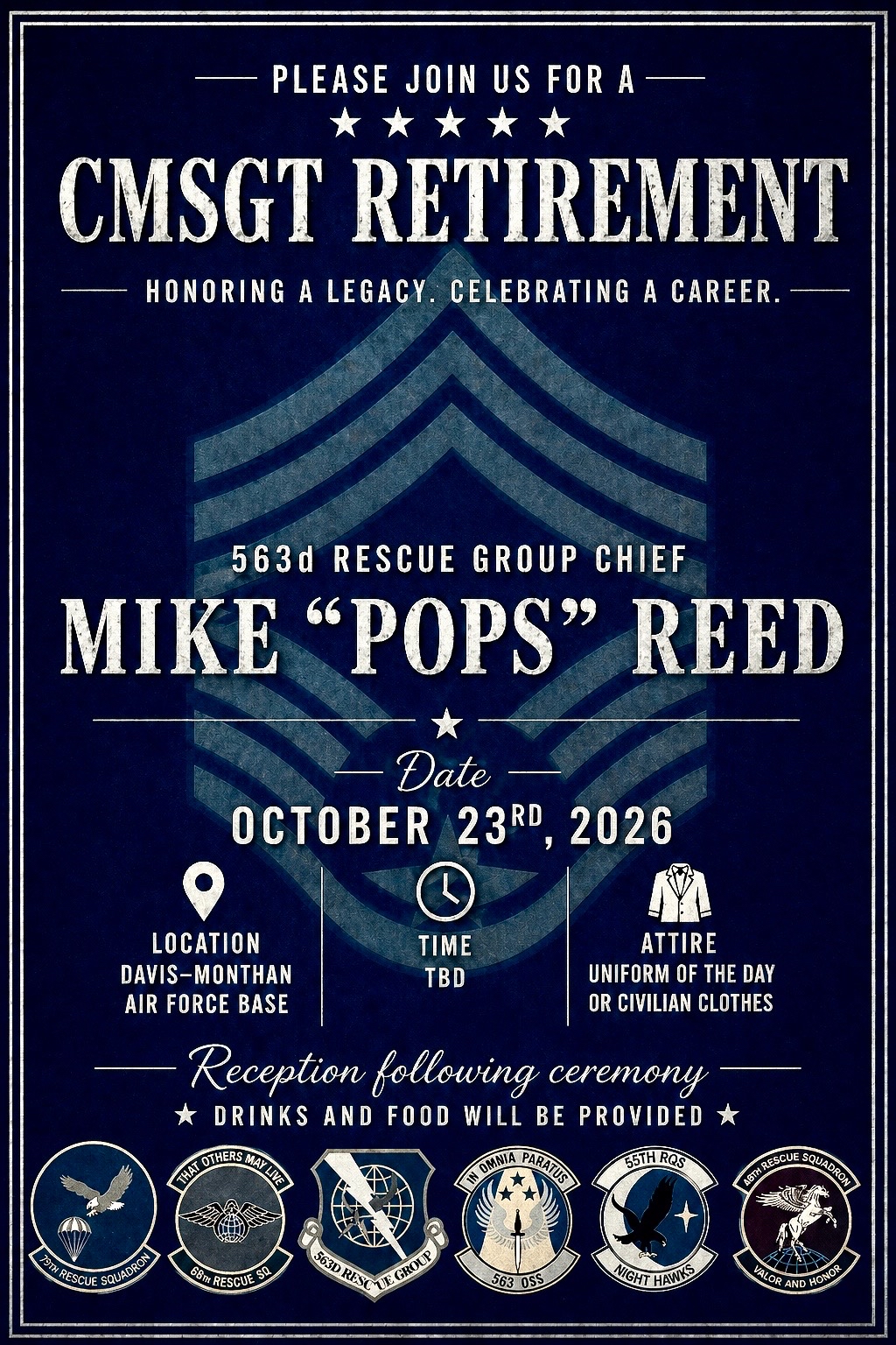 MikeReedRetirement - Sunrise Ski Patrol Poster announcing CMGTSgt retirement for Mike 'Pops' Reed on Oct 23, 2026 at Davis-Monthan Air Force Base; reception to follow.